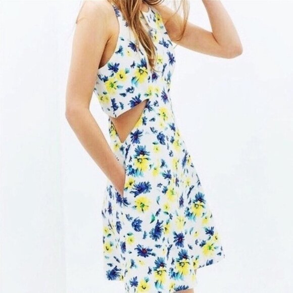 Zara Trafaluc Floral Cut-Out Mini Dress White Blue Yellow Sz S - Picture 1 of 12